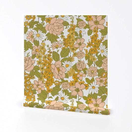 Retro Floral Wallpaper - Vintage Muted Floral By Samswhurld - Green Orange Pink Flower Removable Self Adhesive Wallpaper Roll by Spoonflower