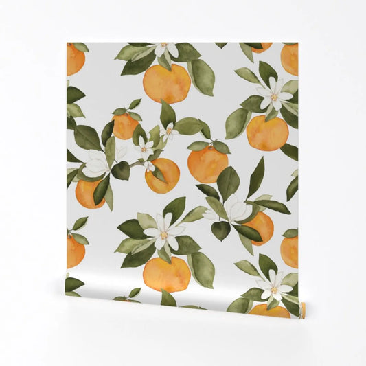 Oranges Removable Peel and Stick Wallpaper - Summer Botanical Fruit Citrus Floral Spring - Wall Art Wall Decor - Orange Blossom by mintpeony
