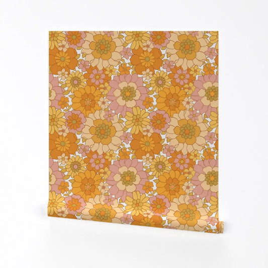 1970s Floral Removable Peel and Stick Wallpaper - Orange 1960s - Wall Art Wall Decor - Avery Retro Floral On White by red_raspberry_design
